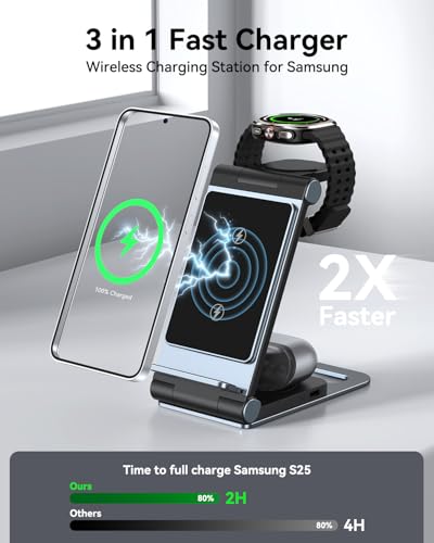 Wireless Charger for Samsung 3 in 1 Wireless Charging Station S/Z/Note | Foldable Stand for Galaxy S26 S25 Ultra Plus FE S24 S23 S22 S21 S20 Z Flip/Fold Note, Galaxy Watch 9/8/7/6/5/4/3, Galaxy Buds - color: Elegant Black