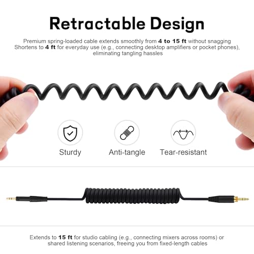 Replacement Audio Upgrade Cable for Sennheiser HD8 DJ, HD7 DJ, HD6 Mix, HD599, HD598, HD579, HD569, HD558 Headphones, 2.5mm to 3.5mm Aux Cord with 6.35mm Adapter Retractable Coiled Design (4FT-15FT)