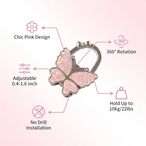 Chedin Pink Butterfly Under Desk Bag Hook,Adjustable Table Side Hanger