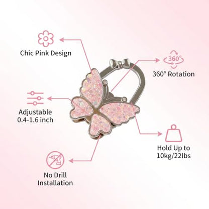 Chedin Pink Butterfly Under Desk Bag Hook,Adjustable Table Side Hanger