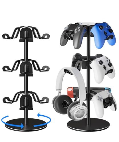 Aluminum Alloy Controller Holder 3 Layers,360 Degree Rotation Tier,Gaming Controller Stand for Xbox PS5 PS4 Switch,Headphone Stand,Headset Holder & Desk Mounts for 9 Packs Controller - color: BLACK-3 LAYERS