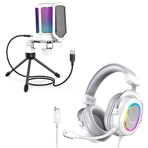 FIFINE Gaming USB Microphone and Computer Headset Kit for Laptop, PC Streaming Condenser Mic for Online Game Bundle, Wired Headphones with Microphone with EQ Mode, Soft Ear Pads for PS4/PS5 (A6W+H6W)
