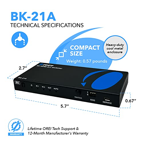 OREI 8K HDMI 2.1 2-Port Switch with Audio Extractor 48 Gbps, 8K@60Hz, EDID | hdmi switch with audio extractor, hdmi 2 in 1 out, Audio Out, HDCP 2.3, Gaming & Streaming, IR Remote, Plug & Play