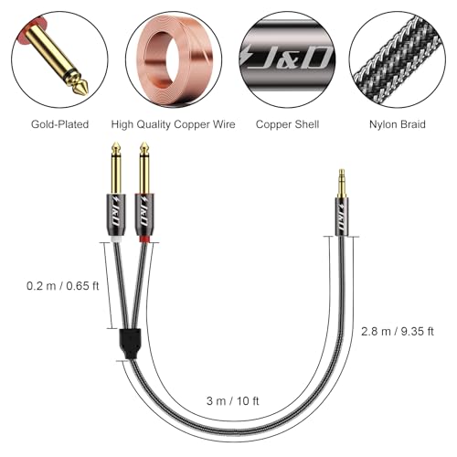 J&D 1/8 to 1/4 Stereo Cable, 3.5mm TRS to Dual 6.35mm TS Breakout Cable Y Splitter Cord for Amplifiers/Audio Mixer/Audio Recorder/MP3/MP4, Nylon Braid, Gold Plated Copper Shell, 10 Feet - size: 10 Feet