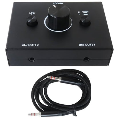3.5mm Stereo Audio Switch 2-Way 3.5mm Switcher Manual Selector Audio Splitter Box 1 in 2 Out/2 in one Out Audio Sharing with One-Key Mute Button Volume Control
