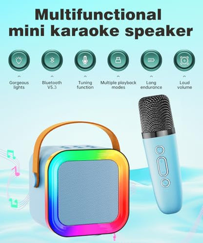 Mini Kids Karaoke Machine Ages 3-12, Wireless Microphones Bluetooth Speaker | LED Party Lights, Voice Changer, Duets, BT 5.3, Rechargeable Portable, Birthday Christmas Toys & Gifts for Boys & Girls - color: Blue - 1 Mic