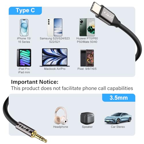 J&D USB C to 3.5mm 1/8 inch Audio Aux Cable, USB Type C to Standard 3.5mm 1/8 inch TRS Male Car Aux Adapter Cable Compatible with iPhone 16/17 Series, 3.3 Feet (Pack of 2) - size: 3.3 Feet (Pack of 2)