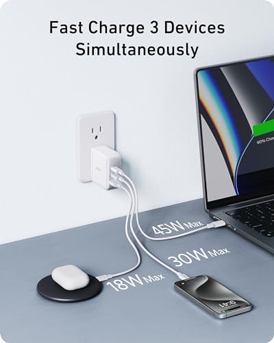 Anker Nano 100W MacBook Charger, 3-Port Fast Compact GaN USB Charger Block | With 1 Pack & 1 Cable for MacBook Pro/Air, Pixelbook, ThinkPad, Dell XPS, iPad Pro, iPhone 17 Series, Galaxy S23, and More - color: white