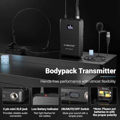Phenyx Pro Wireless Microphone System, Dual Channel 100 UHF Metal Receiver, 328ft Range Auto Scan, Cordless Handheld & Bodypack & Lapel Mic Combo for Karaoke Church Speech PTU-71-1H1B | Quick IR Sync, Lapel Mic, 2 x 100 Frequencies, 328 ft Range, Karaoke,