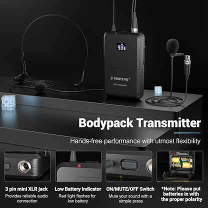Phenyx Pro 4-Channel UHF Auto Scan Wireless Microphone System PTU-7000-2H2B | 2 Handheld Mics, 2 Bodypacks, Headset/Lapel Mics, 4 x 40 Frequencies, 328 ft, Mics for speaking, church, wedding, meeting