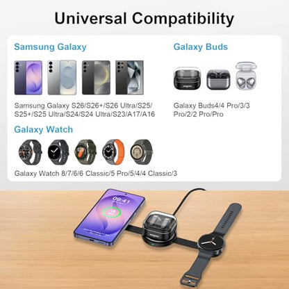 3 in 1 Wireless Charging Station Samsung, Foldable Wire Less Charging Pad for Samsung S26 S25 Ultra S24, Fast Charging Station Galaxy Watch8/7 Galaxy Buds4, Travel Charger for Samsung Multi Devices - color: Wireless Charger Black