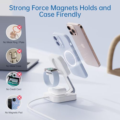 2026 Traveling Wireless Mag-Safe Fast Magnetic 3 in 1 Charging Station | with iPhone 17 16 15 14 13 12 Pro Max Plus,Apple Watch Series & Air pods 4 3 2 Pro-Gifts for Wife & Husband(White) - color: White
