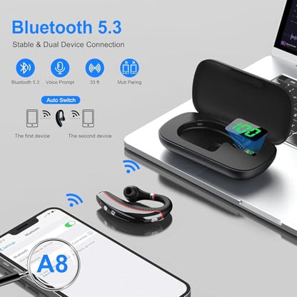 SneKa Bluetooth Headset, Wireless Bluetooth Earpiece with 500mAh Charging Case, 72-Hour Talk Time, and for iOS/Android Phones, V5.3 Hand-Free Headphones for Trucker, Office,Business