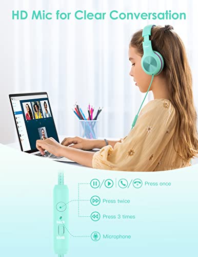 Nabevi Kids Headphones with Microphone, Over-Ear Headphones for Kids with Sharing Function, 85dB/94dB Safe Volume Limit, Wired Headphone for Children, Kid Headset for School, Tablet, Travel, Green - color: Green