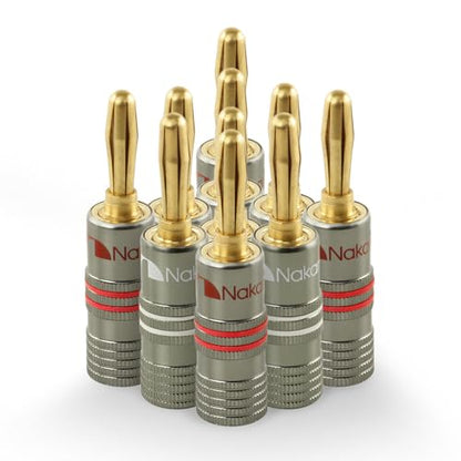 Nakamichi Ultimate Series 24K Gold Plated Beryllium Red Copper Banana Plug 12-18 AWG Gauge Size 4mm Connector for Speakers Wire Amplifiers Hi-Fi Sound Systems (10 Pcs (5-Pairs), Banana Plugs) - size: 10 Pcs (5-Pairs)