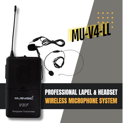MUSYSIC Professional VHF Wireless Microphones, Lavalier Bodypack Mic System - size: 4 Lavalier