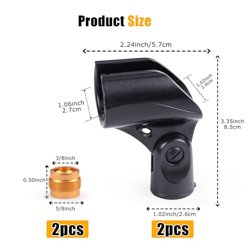 Adjustable Microphone Holder & Microphone Clip, Mic Clip for Microphone Stand, Fits Wireless Handheld Microphones, Includes 5/8" Male to 3/8" Female Thread Adapter, 2 Pack