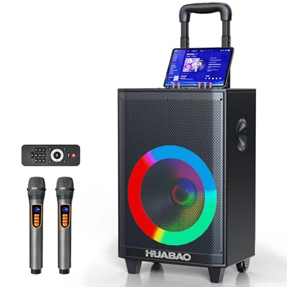 Large Bluetooth Karaoke Speaker with 2 Wireless Microphones, 11 Speaker System with 8800mAh Battery, Trolley PA System with Lights, Remote, FM/AUX/USB/TF, Bass & Treble Adjust, Ideal for Outdoor Party - size: A115