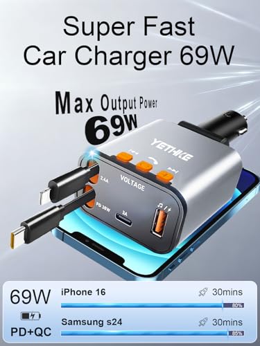 Bluetooth Car Adapter with Retractable Charger,[Upgrade] Bluetooth 5.4 FM Transmitter for Cars, 4 in 1 Fast Car Charger 69W, Handsfree Call, 2*Retractable Cable for iPhone 17/16/15/14, Galaxy-Silver - color: Silver