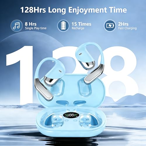 Open Ear Wireless Earbuds Headphones, Bluetooth Built-in Mic,Waterproof, LED Display Charging Case,on Ear Hooks Clip Ear Buds，Ultra-Comfort Earphones Design for Walking/Running/Sport - color: blue‌green721