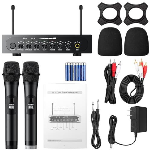 PROZOR UHF Wireless Microphone with Volume Treble Bass Echo Control, Wireless Rechargeable Mic Dual Handheld Dynamic Mic System (Bluetooth UHF Base Station – Echo/Treble/Bass Control) - style: Base Station Bluetooth UHF Mic – Echo Control