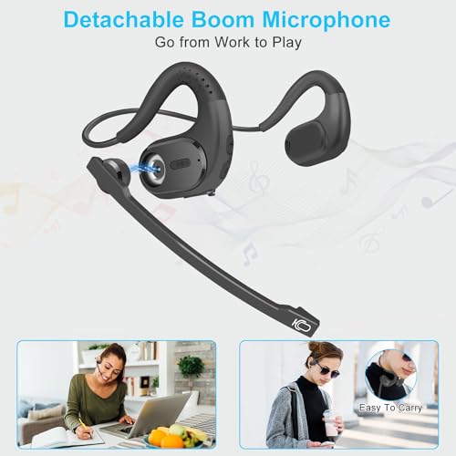 iDIGMALL Bluetooth Headset, Open Ear Headphones with Detachable Microphone | Multi-Point Wireless Headset with DSP Noise Canceling Mic for Phone PC Laptop Office Meeting Home Work, Comfort & Light, 12H