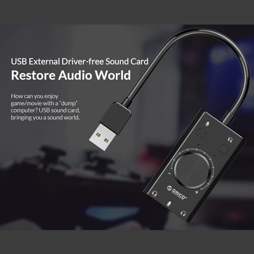 Docooler External Sound Card, USB Audio Adapter External Stereo Sound Card with Microphone Jack & 3.5mm Headphone, Sound Card with Volume Control, USB Multifunction Drive for PC, Laptop - Black