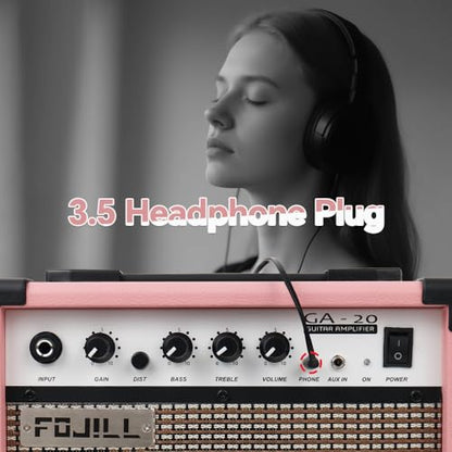 Fojill 20W Watt Electric Guitar Amplifier Amp Practice Small Portable Travel Mini Amp with 3.5 Headphone Jack Aux Distortion Gain Treble Bass Volume (Pink, 20W) - color: Pink