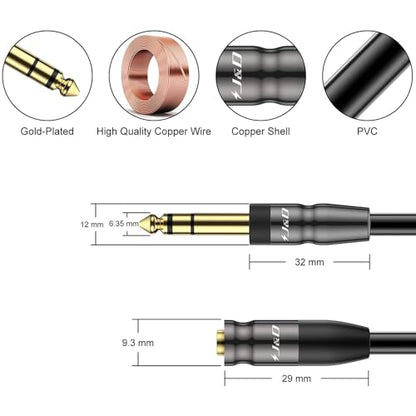 J&D 1/4 inch to 3.5mm Headphone Adapter, Heavy Duty Copper Shell Connecter Joint 3.5mm 1/8 inch Female TRS to 6.35mm Male TRS Stereo Audio Extension Cable (15 Feet) - size: 15 Feet