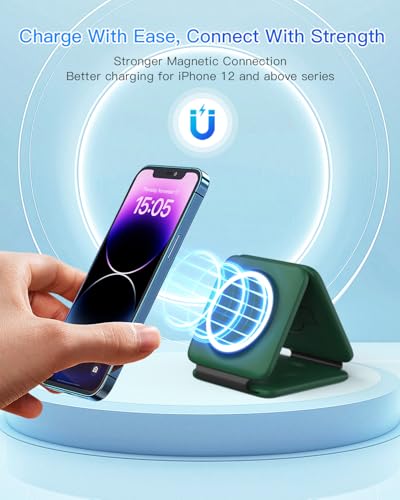 Iseyyox 3 in 1 Wireless Charger for iPhone - Foldable Charging Station Travel Charging Dock Compatible with iPhone 17 16 15 14 13 12 Pro Max Plus Watch & Airpods - color: Green