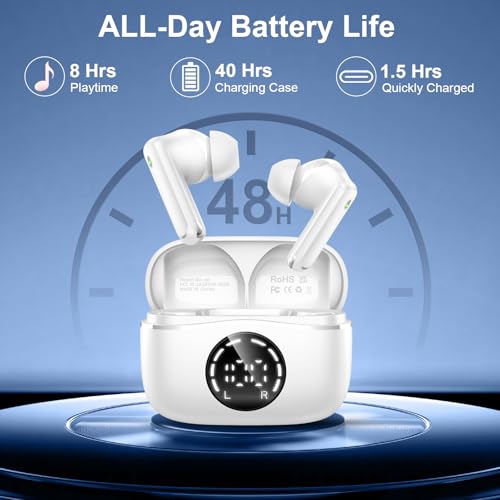 Bluetooth 5.4 Headphones, 2025 Wireless Earbuds 3D Hi-Fi Stereo Bass Ear Buds, 4 ENC Noise Cancelling Mic, 3g USB-C in-Ear Earphone Sport, IP-X7 Waterproof Workout Gym for Android iOS Laptop Pad - color: Z-Milky White