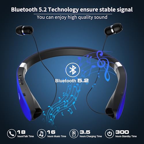 AMORNO Foldable Bluetooth Headphones Wireless Neckband Headset with Retractable Earbuds, Sports Sweatproof Noise Cancelling Stereo Earphones with Mic (Blue) - color: Blue