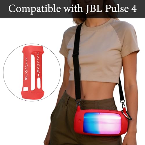 Geekria Silicone Carrying Case Compatible with JBL Pulse 4 Speaker, RGB Light Visible Protective Cover with Shoulder Strap & Carabiner, Shockproof Anti-Slip Outdoor Travel Sleeve (Red) - color: Red