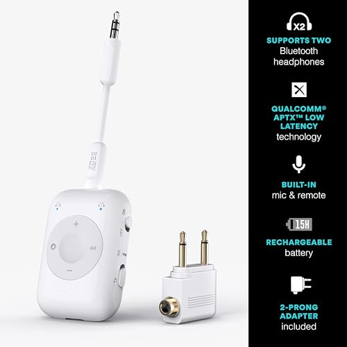 MEE audio Connect Air Pro Bluetooth Wireless Audio Transmitter & Receiver for AirPods or Bluetooth Headphones, 2-in-1 Adapter with Detachable Cable 3.5mm Aux Audio Jack for Airplanes, Auto, Gym, White - color: White, style: Connect Air Pro