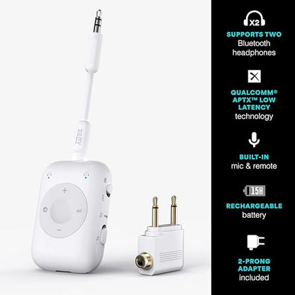 MEE audio Connect Air Pro Bluetooth Wireless Audio Transmitter & Receiver for AirPods or Bluetooth Headphones, 2-in-1 Adapter with Detachable Cable 3.5mm Aux Audio Jack for Airplanes, Auto, Gym, White - color: White, style: Connect Air Pro
