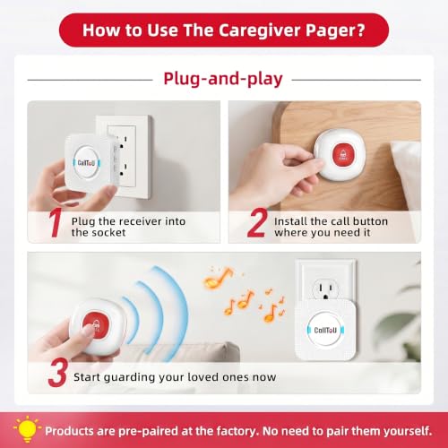 CallToU Wireless Caregiver Pager Call Button for Elderly at Home Nurse Alert System 500+ Feet for Seniors/Elderly/Patient/Disabled 1 Plugin Receiver 1 Waterproof SOS Button - color: white 1+1