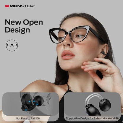 Monster Open-Ear AC339 Earbuds, Bluetooth 6.0 Headphones Stereo Sound, Clip-on Wireless Earbuds 40 Hours Playback,Touch Control, IPX6 Waterproof,Black