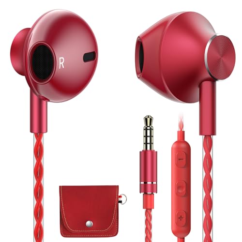 Red Wired Earbuds with Microphone, 3.5mm in-Ear Headphones for Laptop, Gaming & PS5, Volume Control, Clear Sound, Tangle-Free Cable, Earbuds with Case for Computer, PC & Android - color: Red