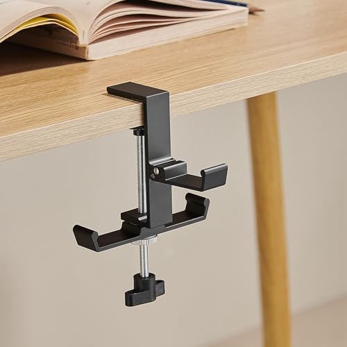 Heavyrain Desk Edge Hook Hanger, No Drilling Headphone Holder with 3 Hooks, Black Metal Clamp-On Organizer for Bags, Backpacks, Headsets (1, Black) - color: Black