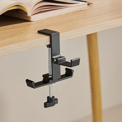 Heavyrain Desk Edge Hook Hanger, No Drilling Headphone Holder with 3 Hooks, Black Metal Clamp-On Organizer for Bags, Backpacks, Headsets (1, Black) - color: Black
