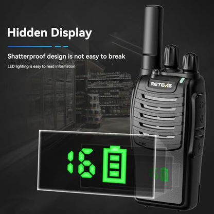 Retevis H777H Walkie Talkies with Earpeice,Portable FRS-Two Way Radio 6Pack | For Schools, Shatterproof Hidden Display, 6-Way Charger, USB-C, Emergency Alarm, Flashlight, with Stretchable Coiled Headset