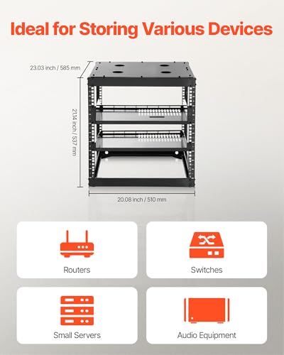 VEVOR 10U Server Rack, Open Frame Network Rack,4-Post Floor Standing or Wall Mounted, Includes 2PCS Vented 1U Rack Shelves & Mounting Hardware, Computer Wall Rack for 19" IT/AV Equipment - size: 10U Server Rack