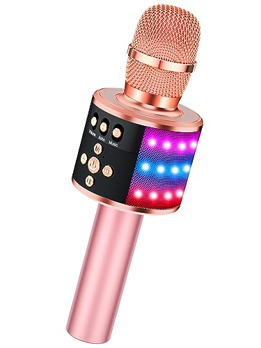 BONAOK Rose Gold Karaoke Microphone for Kids & Adults, Bluetooth Singing Mic with Disco Lights & Echo Effect, Built-in Battery Non-Detachable, Portable Karaoke Speaker Player for Party, Travel & Gifts - color: Rose Gold