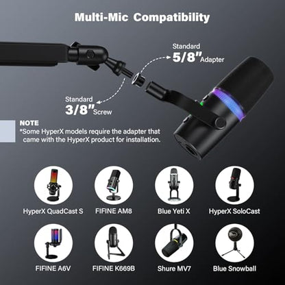 Low Profile Mic Arm, Cable Management Microphone Boom Arm, Full Aluminum Adjustable Mic Stand with Desk Clamp, 360°Rotatable Heavy Duty Microphone Stand for Streaming, Podcasting, Recording
