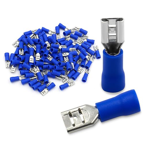 Baomain 100-Pack 0.187" Female Quick Disconnect Spade Terminals, 16-14 AWG 4.8mm (3/16 inch), Insulated Crimp Connectors Blue - size: Female