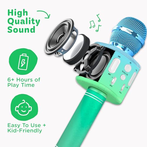 Move2Play, Kids Karaoke Microphone | Includes Pre-Loaded Songs & Bluetooth | Kids Birthday Party Gift | Toy for All Ages 2, 3, 4, 5, 6+ Year Old Girls, Boys & Toddlers - color: Green/Blue