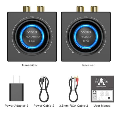 YMOO 2.4GHz Wireless Audio Transmitter Receiver Set (1 TX+1 RX) for TV | 25ms Low Latency 200ft Long Range with AUX RCA in/Out, Wireless Audio Adapter for TV PC Powered Speakers Soundbar Amplifier