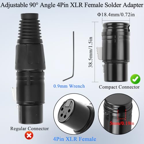 QIANRENON Compact 4Pin XLR Solder Microphone Adapter Adjustable 90° Angle 4Pin XLR Female Thin Cable Connector Gold Plated x-LR 4 Audio Socket, for DIY Repair 4 Pole X-LR, Included 0.9mm Spanner