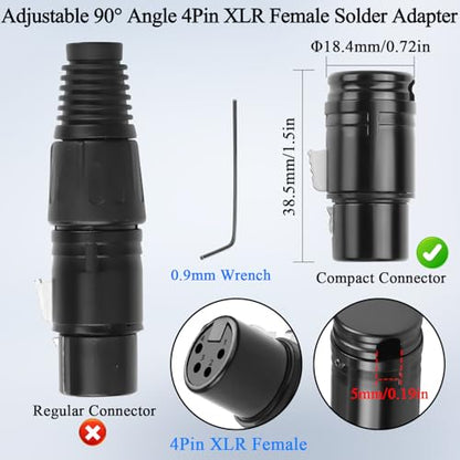 QIANRENON Compact 4Pin XLR Solder Microphone Adapter Adjustable 90° Angle 4Pin XLR Female Thin Cable Connector Gold Plated x-LR 4 Audio Socket, for DIY Repair 4 Pole X-LR, Included 0.9mm Spanner