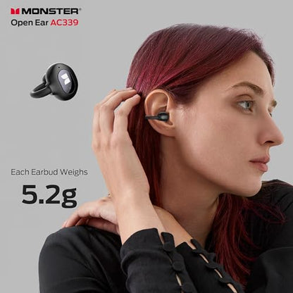 Monster Open-Ear AC339 Earbuds, Bluetooth 6.0 Headphones Stereo Sound, Clip-on Wireless Earbuds 40 Hours Playback,Touch Control, IPX6 Waterproof,Black